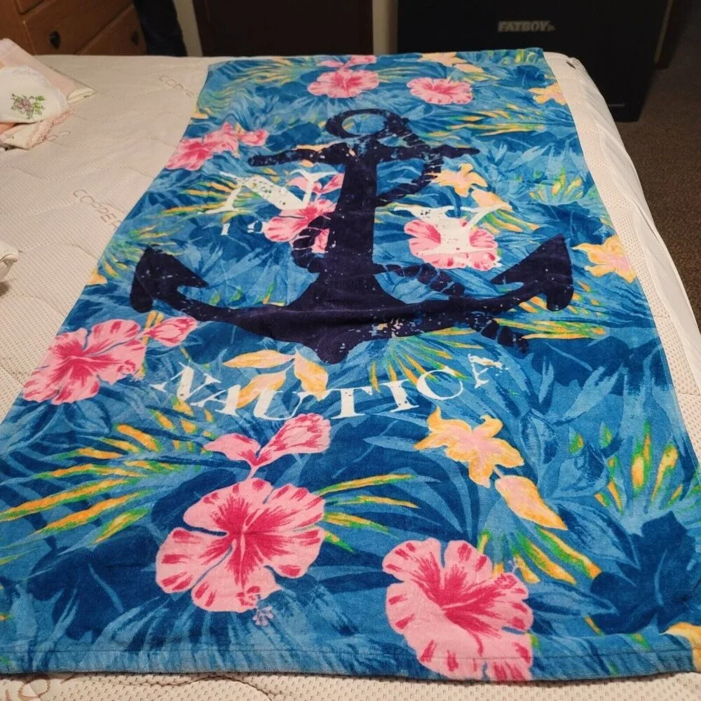 VTG 90’s Nautica Large Blue Pink Hawaiian Tropical Anchor Beach Towel 35 x 64